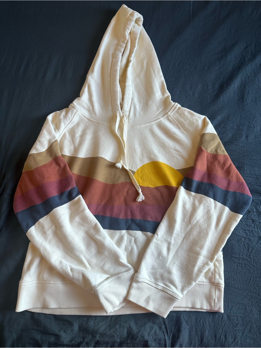 Faherty Soleil Women’s Cream Hoodie w/ Retro Stripe and Sun Accent - Size Large